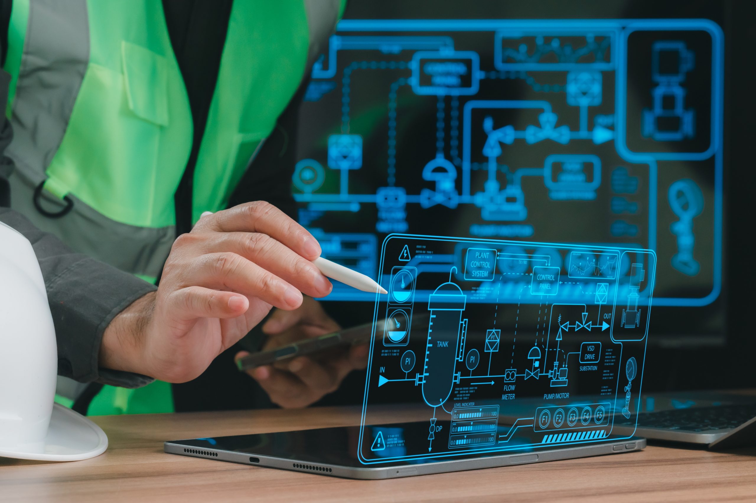 Engineer,Manages,Industrial,Factory,Automation,Systems,Via,Futuristic,Holographic,Interface